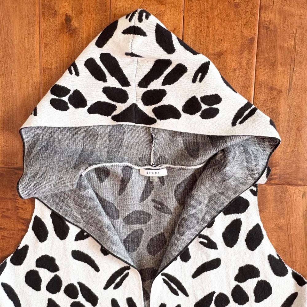 Sioni Womens‎ Black White Abstract Animal Print Hooded Knit Vest Cardigan Large - Picture 5 of 10